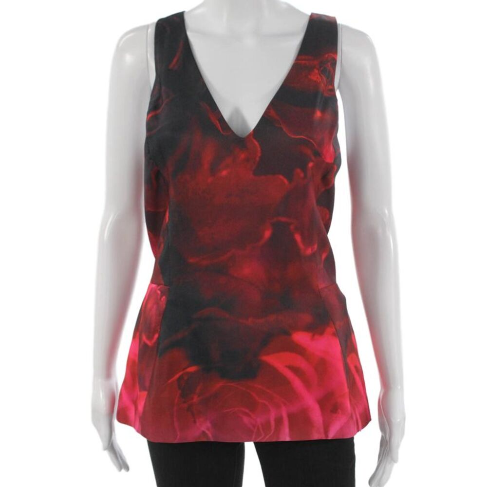 Katharine Kidd Women Tunic Tank Red Rayon V-Neck Sleeveless Floral Size 12